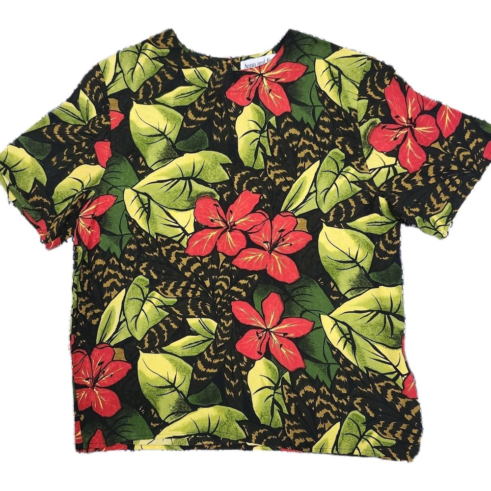 Anna and Frank 100% Silk‎ Blouse Womens S Vintage 90s Tropical Floral Top